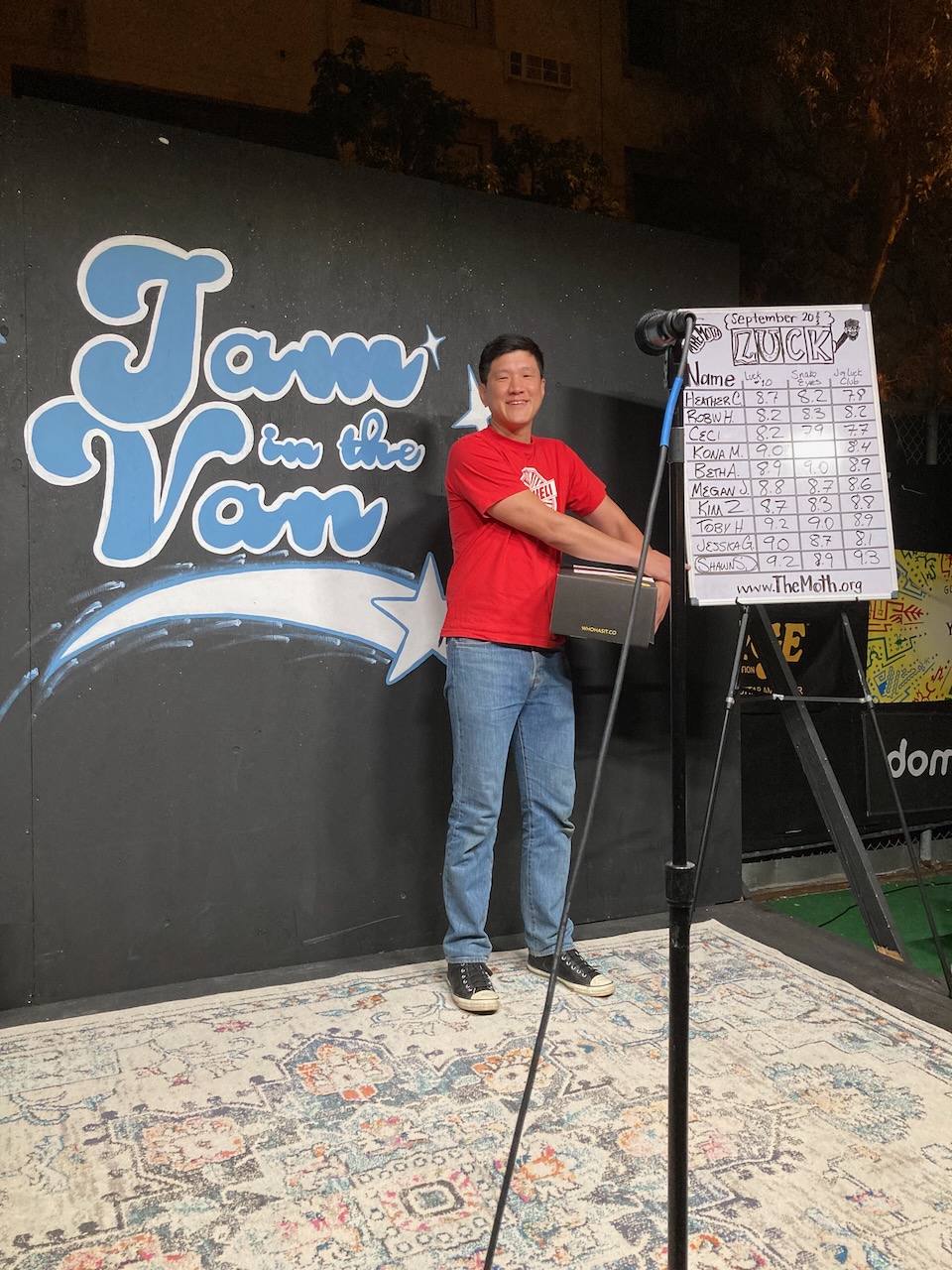 Me standing on a stage, pointing at a scoreboard with my name circled with the highest score