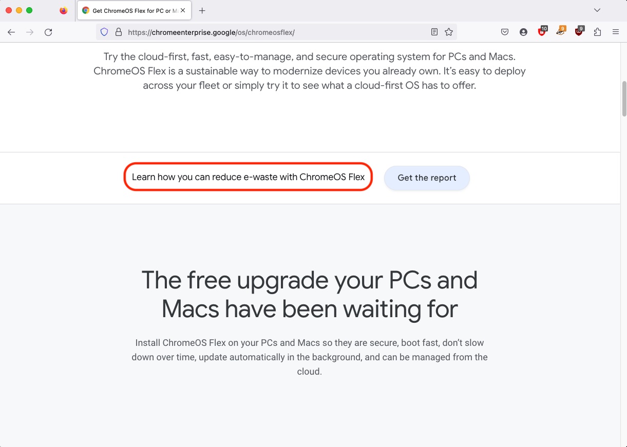 Google's website for ChromeOS Flex, with "Learn how you can reduce e-waste with ChromeOS Flex" circled in red