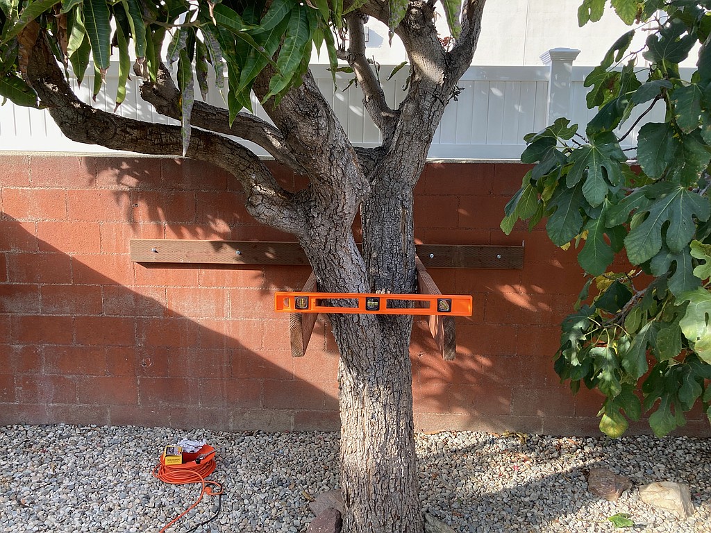 2x6 planks attached to a wall and tree