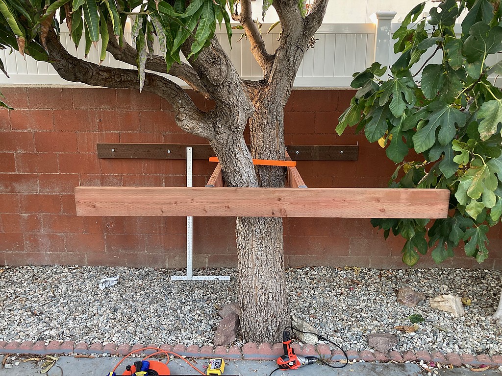 More 2x6 planks attached to a wall and tree