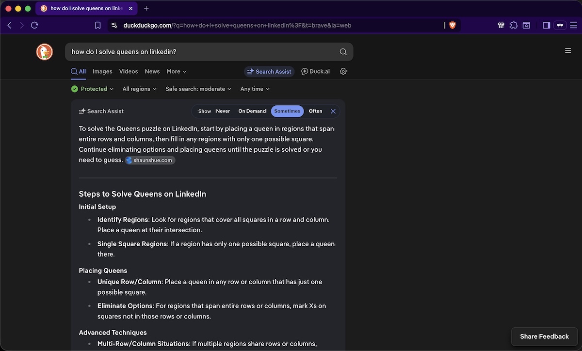 DuckDuckGo AI results showing my site’s guide as a reference